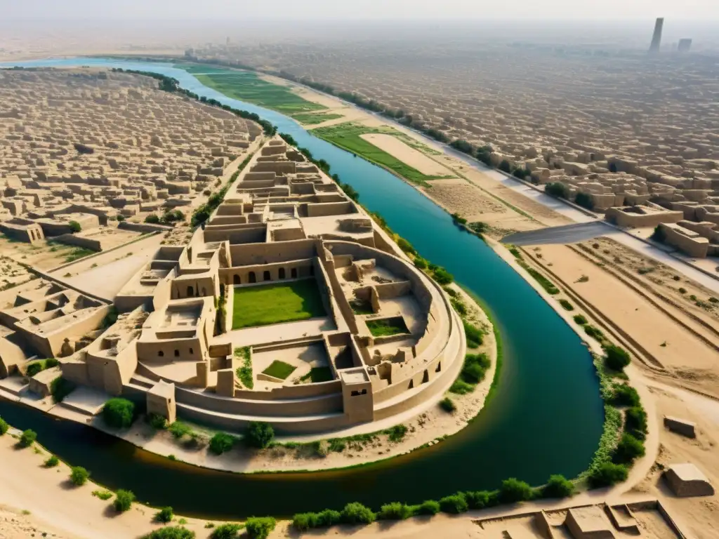 Vista aérea de las ruinas de Bagdad y el río Tigris, mostrando el impacto de la incursión mongola en el paisaje histórico