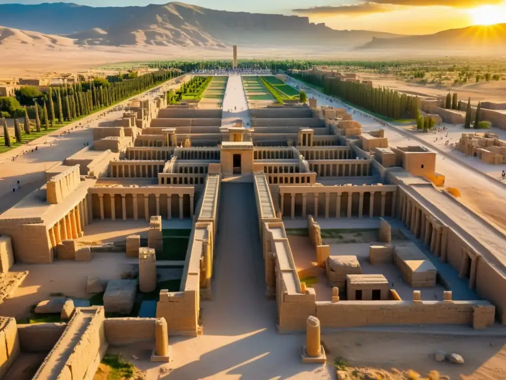 Vista aérea de las ruinas de Persepolis al atardecer, mostrando el esplendor del Imperio Mongol Ilkhanes Persia historia