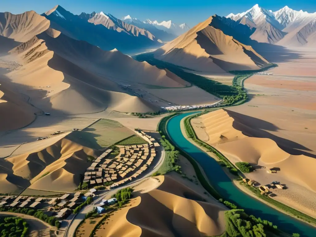 Vista aérea de la Ruta de la Seda con caravanas, mercados y montañas Pamir, mostrando el impacto económico y las conquistas mongoles en Asia