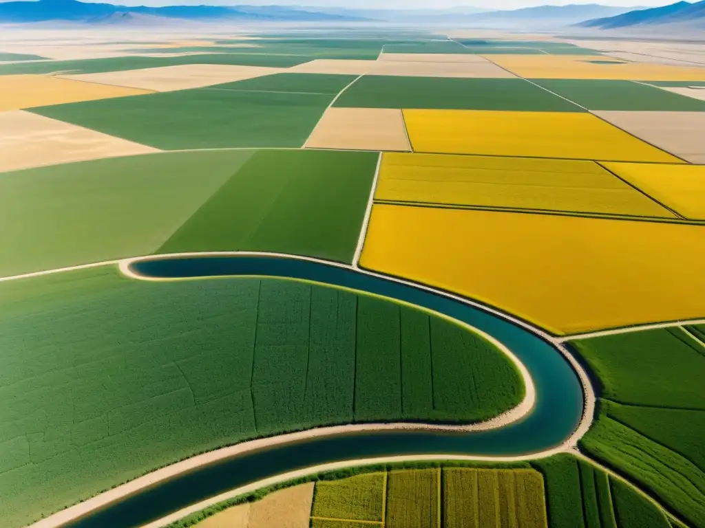 Vista aérea de los sistemas hídricos avanzados mongoles en las estepas, destacando la red de canales y la armonía con la naturaleza