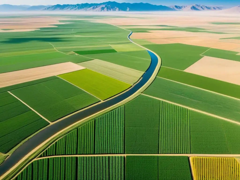 Vista aérea de técnicas de riego en tierras áridas, agricultura avanzada en las estepas de Mongolia