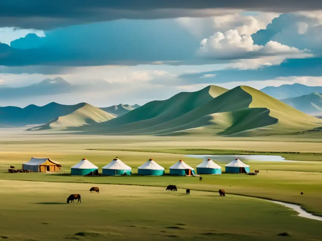 Vista aérea de la estepa mongola con yurtas tradicionales, ganado pastando y montañas lejanas bajo un dramático cielo nublado, mostrando el impacto en los sistemas de cultivo y la cultura mongol