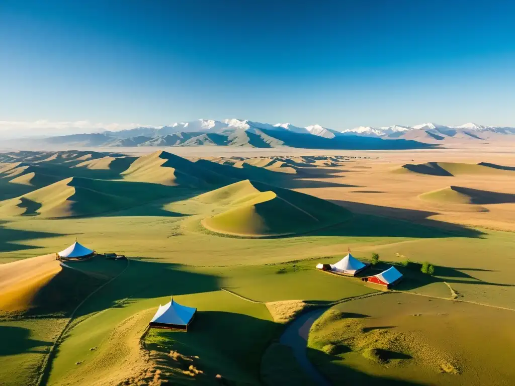 Vista aérea de la estepa mongol, con yurtas tradicionales, ganado y montañas nevadas, mostrando la belleza y la naturaleza salvaje