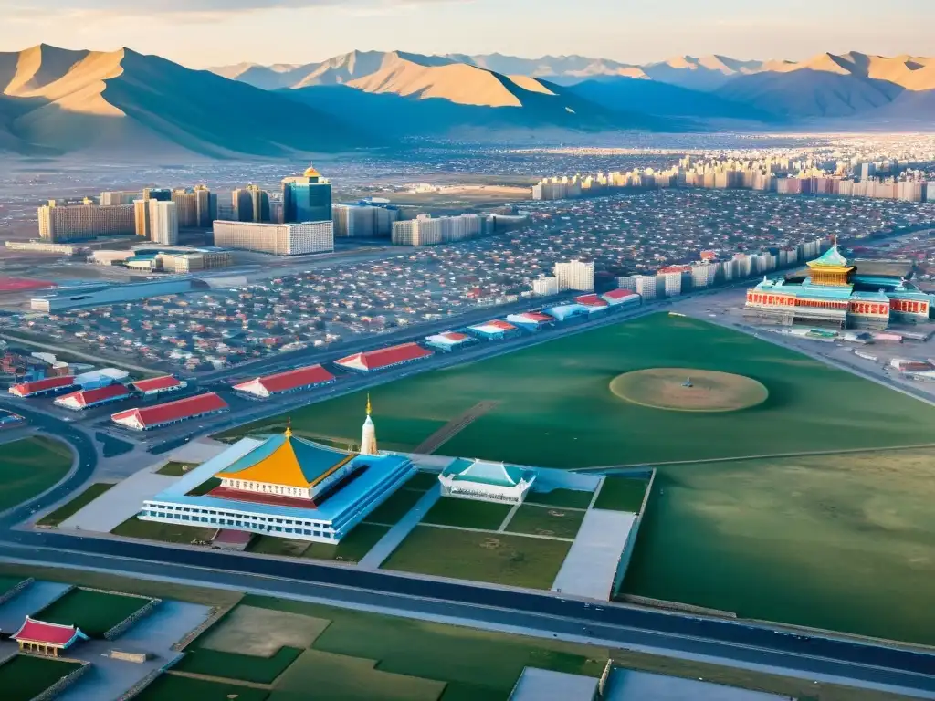 Vista aérea de Ulaanbaatar, Mongolia, fusionando la administración pública mongola tribus imperio en paisaje urbano moderno y antiguo