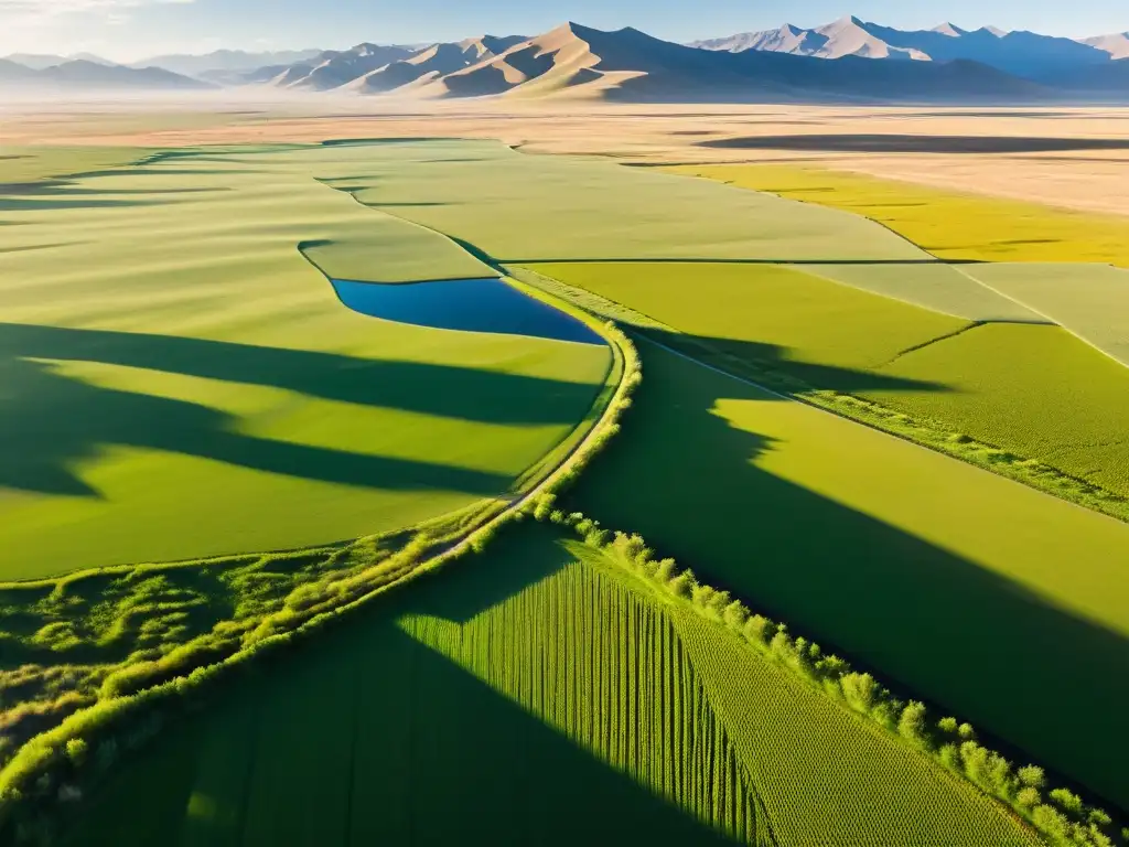 Vista aérea de la vasta estepa mongola, con barreras vegetales y canales de riego para prevenir la erosión y la desertificación en el Imperio Mongol