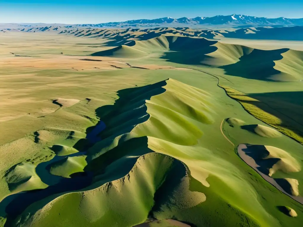 Vista aérea de la vasta estepa mongola, con colinas onduladas y poca vegetación