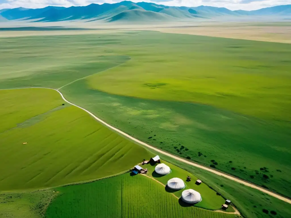 Vista aérea de la vasta estepa mongola, yurt nómada rodeado de ganado