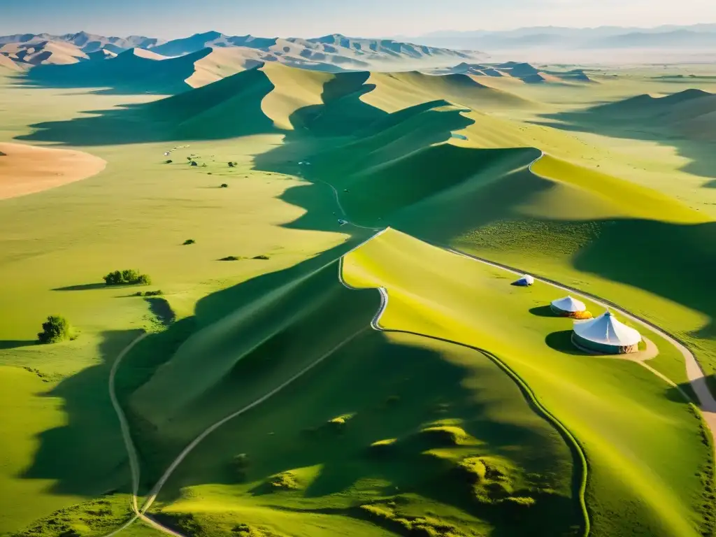 Vista aérea de la vasta estepa mongola con yurtas y rebaños, capturando el legado perdido del Imperio Mongol