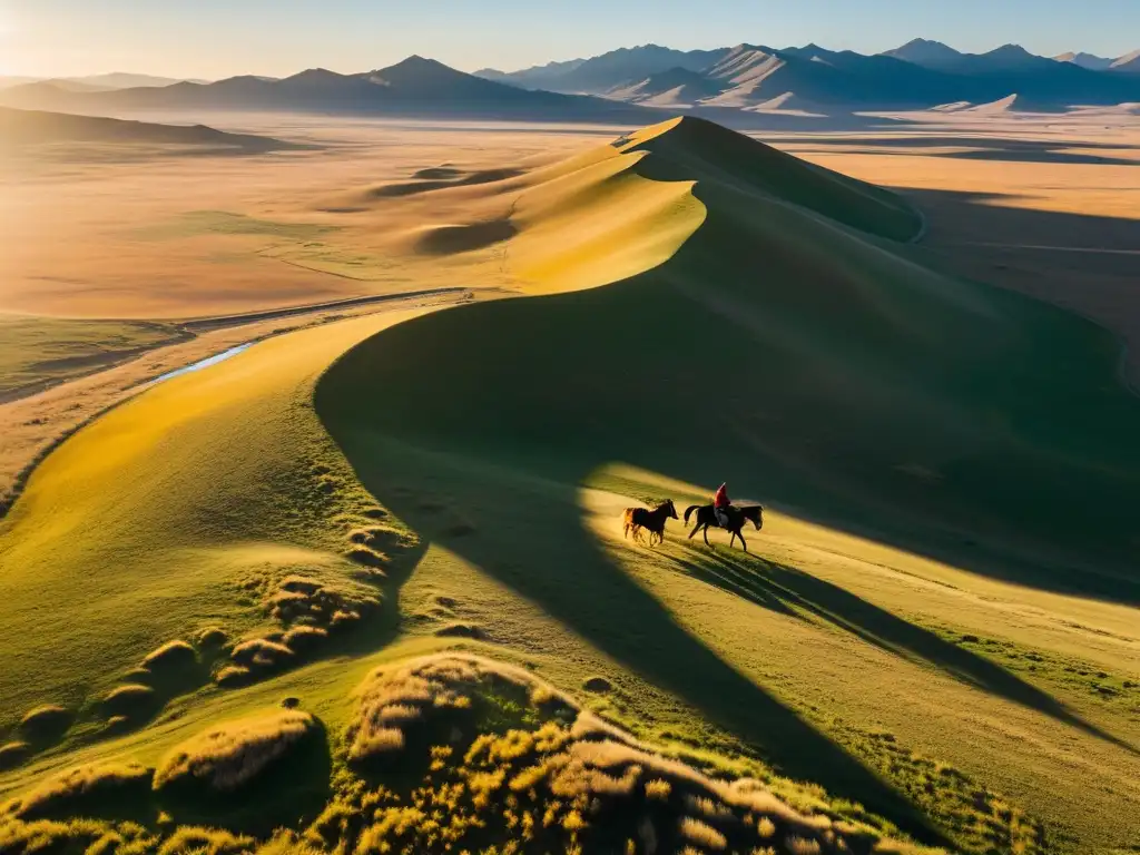 Vista aérea de las vastas estepas mongolas en la luz dorada, con yurtas dispersas y guerrero a caballo