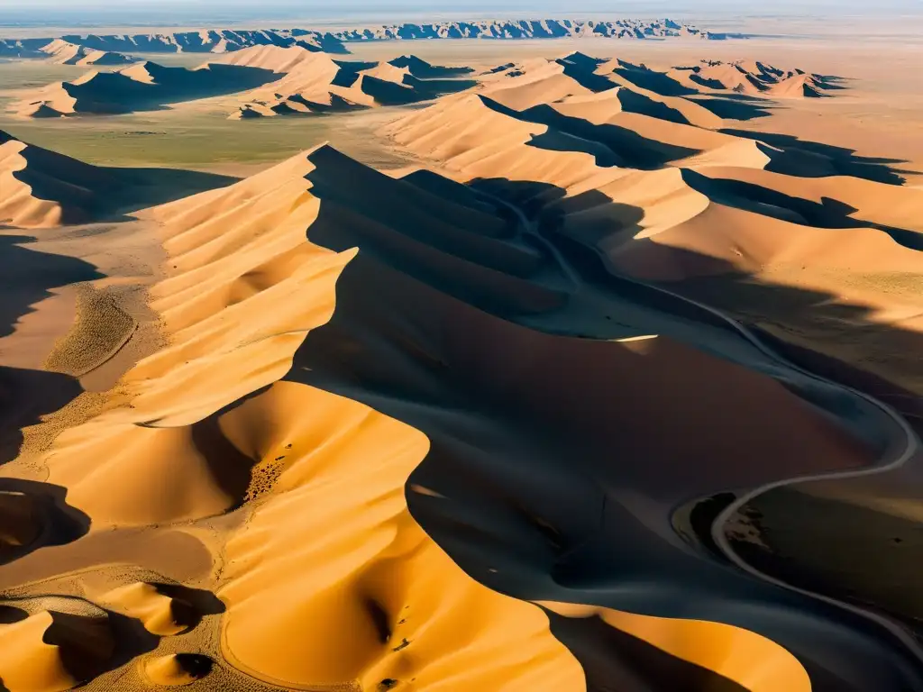 Vista aérea del vasto y árido Desierto de Gobi con dunas de arena y ruinas del Imperio Mongol, evocando la historia y grandeza de la región