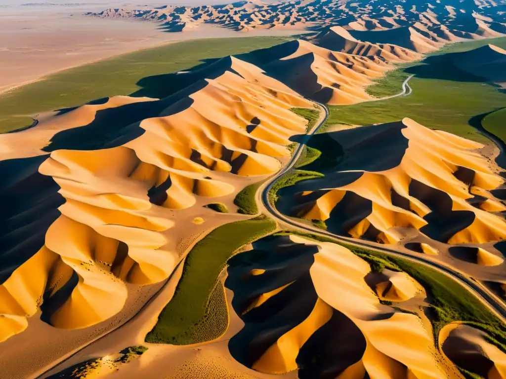 Vista aérea del vasto y árido desierto de Gobi, con dunas de arena, rocas y vegetación escasa