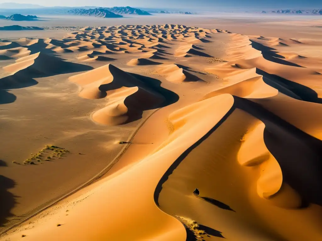 Vista aérea del vasto y árido Desierto de Gobi, con dunas de arena extendiéndose hasta el horizonte