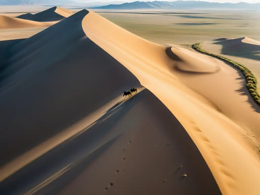 Vista aérea del vasto desierto de Mongolia, con dunas de arena interminables y un pastor nómada cuidando su ganado en un entorno desafiante