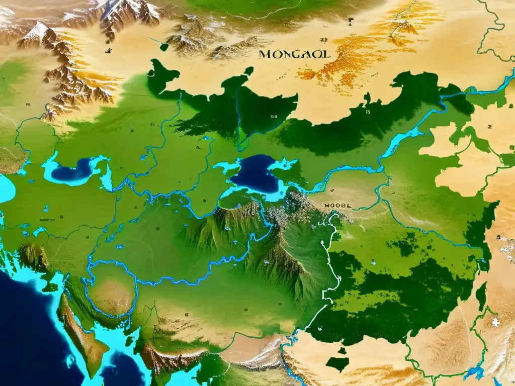 Vista aérea del vasto Imperio Mongol en su apogeo, mostrando sus cambios territoriales y su influencia duradera