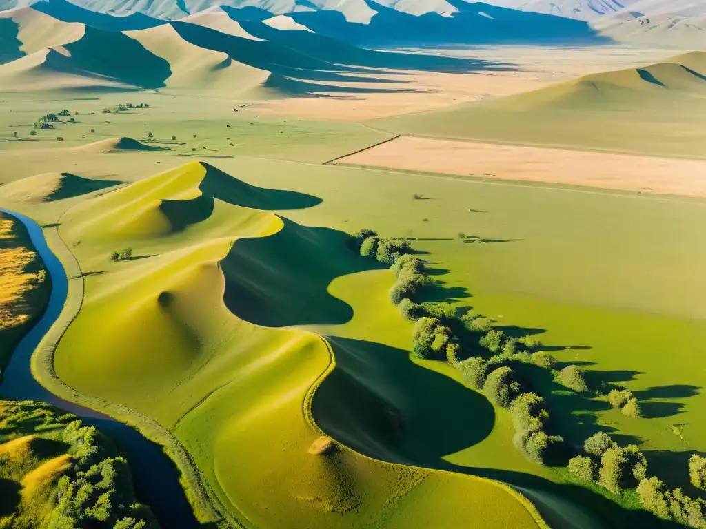 Vista aérea del vasto paisaje de la estepa mongola con hermosos caballos yurtas, evocando el legado del Imperio Mongol historia cultura legado