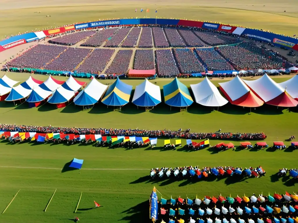 Vista aérea del vibrante Naadam Festival en Mongolia, con estrategias militares entretenimientos mongoles y espectaculares paisajes