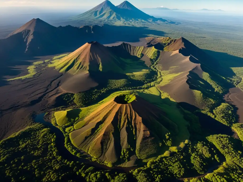 Vista aérea del Volcán Extinto Khorgo Mongol, con su majestuosa presencia en un paisaje dramático de contrastes y serenidad