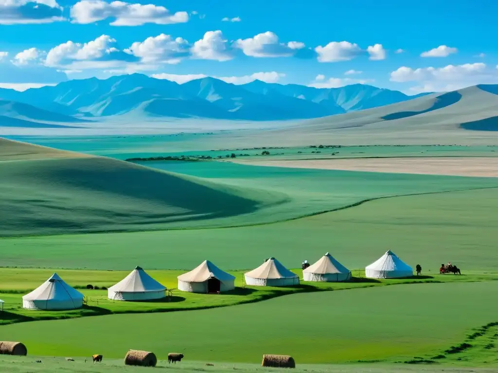 Vista de la estepa mongola con agricultores y yurtas, mostrando la influencia económica del Imperio Mongol