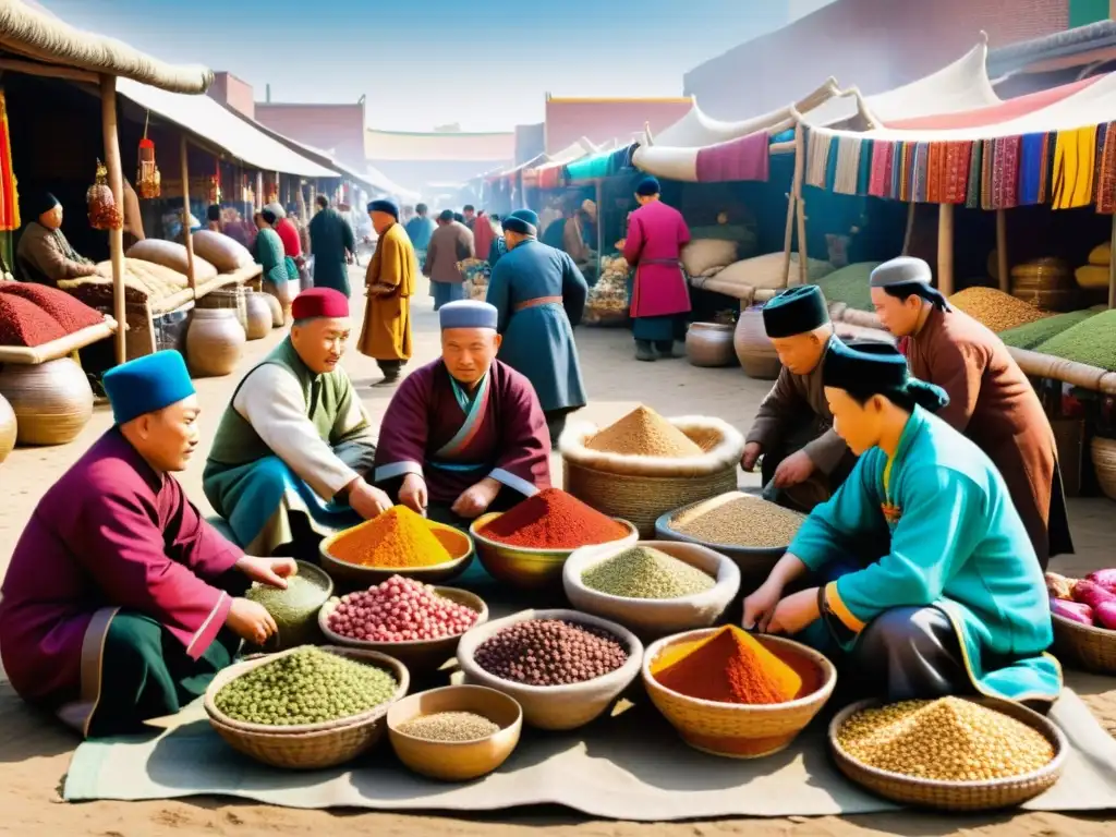Mercado Mongol: Comercio vibrante y diverso 'Vista del bullicioso mercado mongol con comerciantes intercambiando moneda extranjera en un animado escenario de comercio diverso