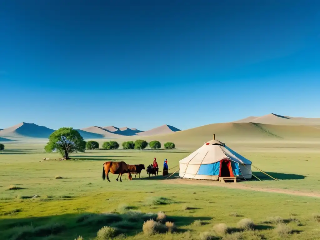 Vista de la estepa mongol con campamento nómada y ritual de un chamán