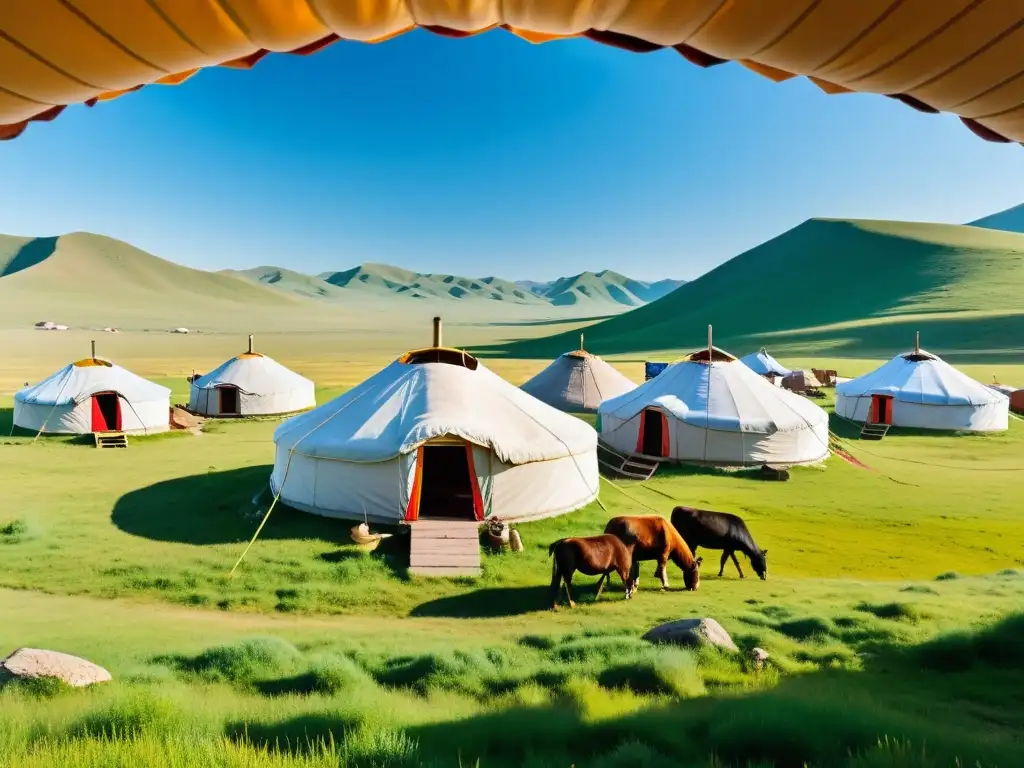 Vista de un campamento tradicional de yurtas en las estepas mongolas, con integración de minorías étnicas en el Imperio Mongol