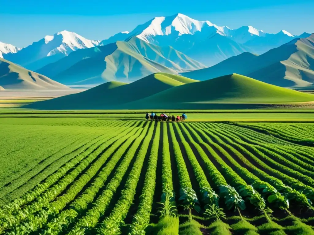 Vista de campo en Mongolia con agricultores y cambios en la agricultura mongola