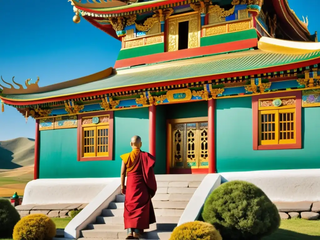 Vista cercana de un hermoso templo budista mongol con detalles arquitectónicos, colores vibrantes y atmósfera serena, rodeado de naturaleza exuberante y montañas, evocando paz espiritual y cultura