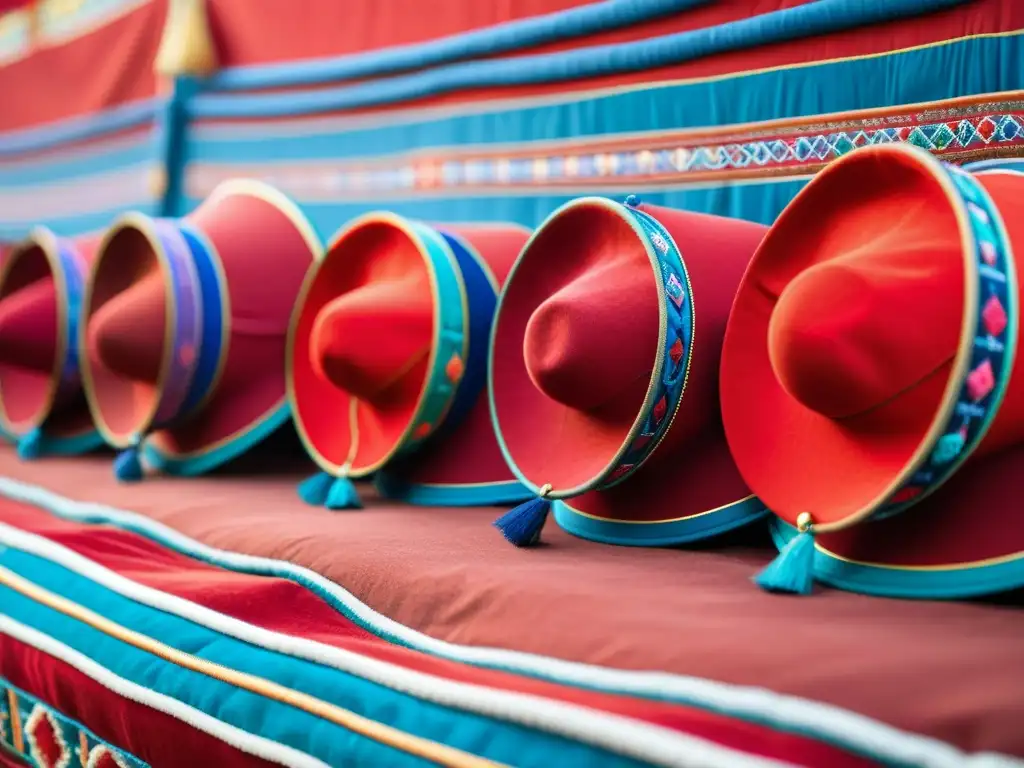 Una vista cercana de sombreros tradicionales de Mongolia bordados con símbolos culturales en un vibrante fondo rojo