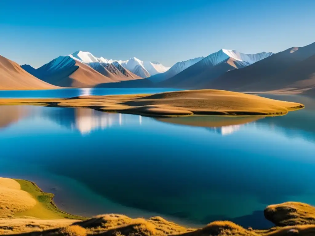 Vista deslumbrante del lago Khövsgöl al atardecer, reflejando el cielo y rodeado de montañas nevadas