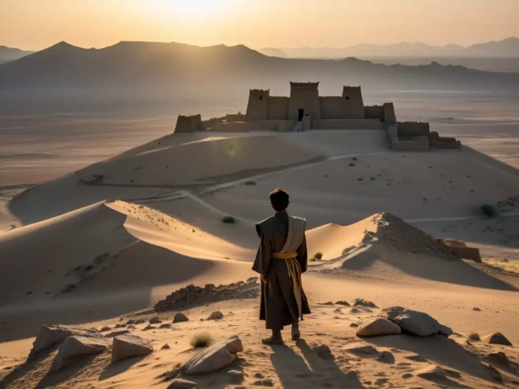 Vista desolada del imperio Khwarezmiano por los mongoles, con ruinas y figura solitaria