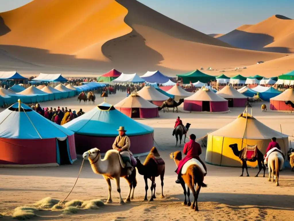 Vista detallada de la bulliciosa Feria del Camello, reflejando la tradición nómada mongola en un ambiente cálido al atardecer