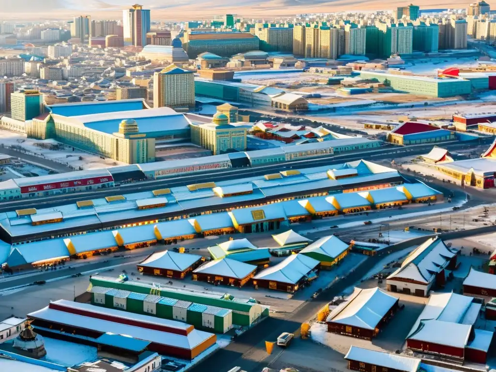 Vista detallada de las bulliciosas calles de Ulaanbaatar, Mongolia, con un mercado antiguo del Imperio Mongol