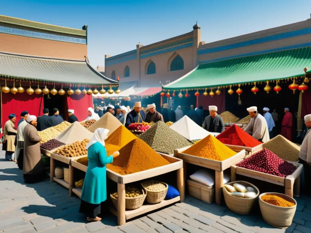 Vista detallada del bullicioso comercio en un mercado histórico postmongol, con influencias culturales diversas