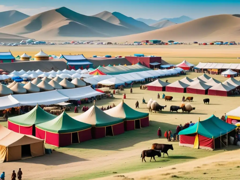 Vista detallada de un bullicioso mercado mongol en la estepa, reflejando el impacto económico de las conquistas mongolas en el comercio asiático