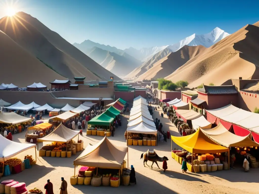 Vista detallada del bullicioso mercado en la Ruta de la Seda bajo el influjo del Imperio Mongol, con intercambio comercial y cultural vibrante