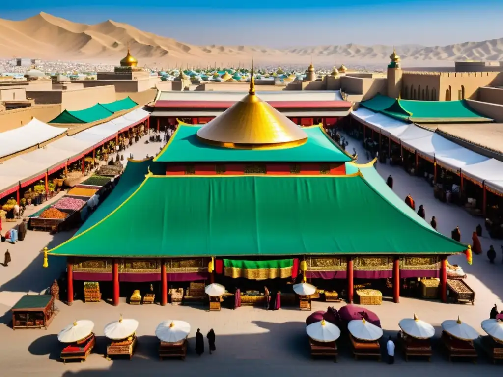 Vista detallada del bullicioso mercado del Imperio Mongol, reflejando su influencia en la economía y el comercio en la región del Medio Oriente