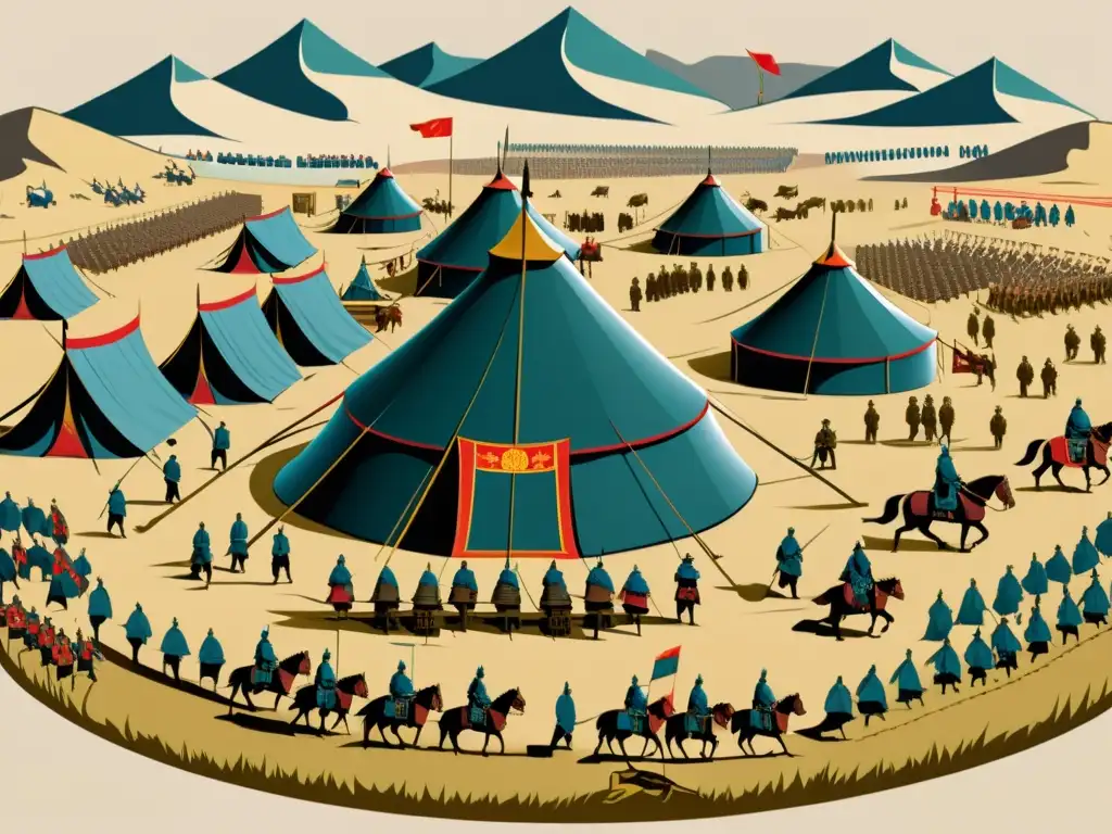 Vista detallada del campamento militar mongol, con soldados, caballos y suministros