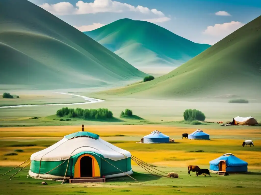 Campamento de yurtas mongolas en la estepa Vista detallada de un campamento de yurtas mongolas en la vasta estepa, con diseño intrincado y colores vibrantes