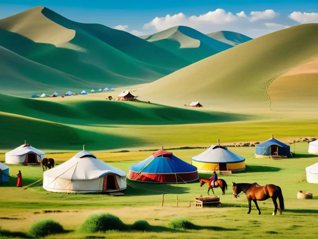 Vista detallada de un campamento nómada mongol con yurtas, banderas de oración y músicos interpretando arte mongol transformación siglos