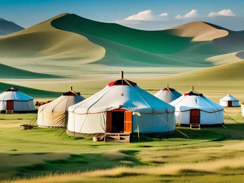 Vista detallada de un campamento tradicional de gers en la estepa mongola, mostrando la estructura social nómada del imperio mongol