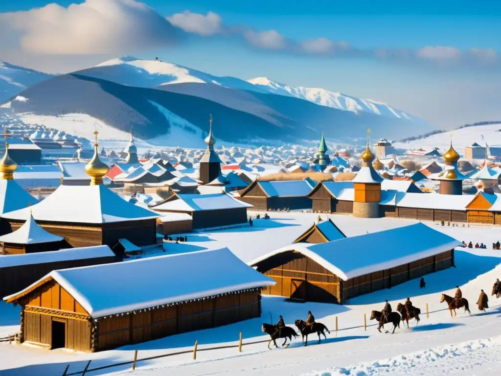 Vista detallada de una ciudad medieval rusa, con edificios de madera y cúpulas de cebolla, rodeada de colinas nevadas y una empalizada de madera