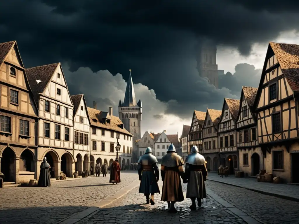 Vista detallada de una ciudad europea medieval, con nubes ominosas y figuras desaliñadas en las calles