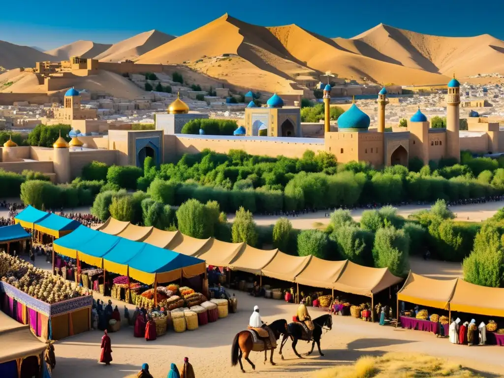 Vista detallada de Persia bajo la conquista mongola, con mercados bulliciosos, arquitectura majestuosa y guerreros a caballo, fusionando culturas