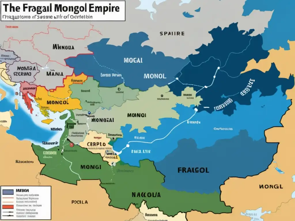 Vista detallada del declive del Imperio Mongol, con territorio vasto y facciones en disputa, en tonos tierra que transmiten autenticidad histórica