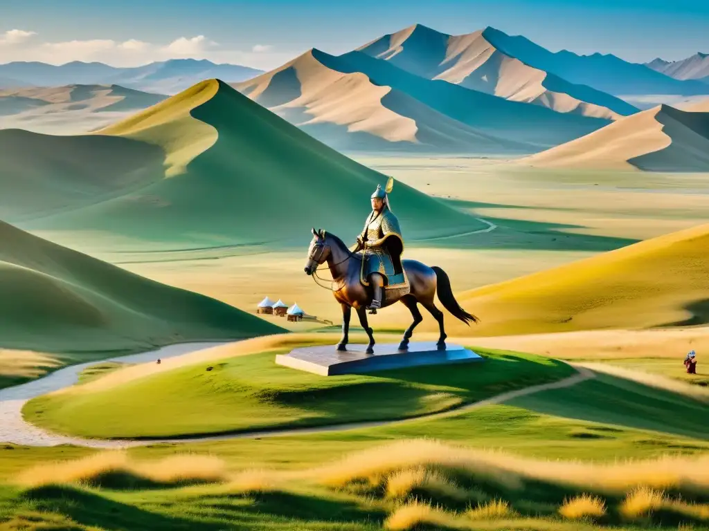 Vista detallada en 8k de las estepas de Mongolia con la estatua de Gengis Khan en primer plano, destacando el legado del líder en Asia