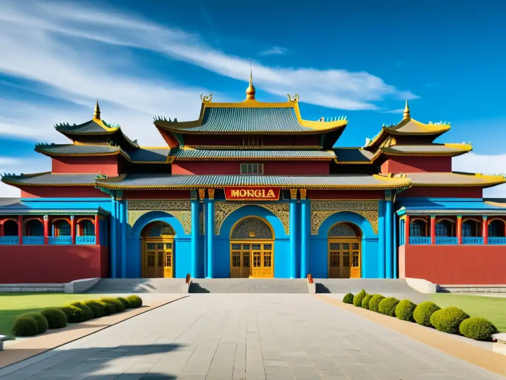 Vista detallada del exterior del Museo Nacional de Mongolia en Ulaanbaatar, destacando la Ruta de los Guerreros Mongolia y su rica herencia cultural