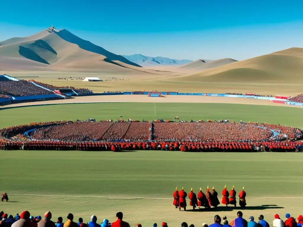 Vista detallada de la festividad Naadam en Mongolia, con luchadores tradicionales y una animada multitud, capturando la riqueza cultural del festival