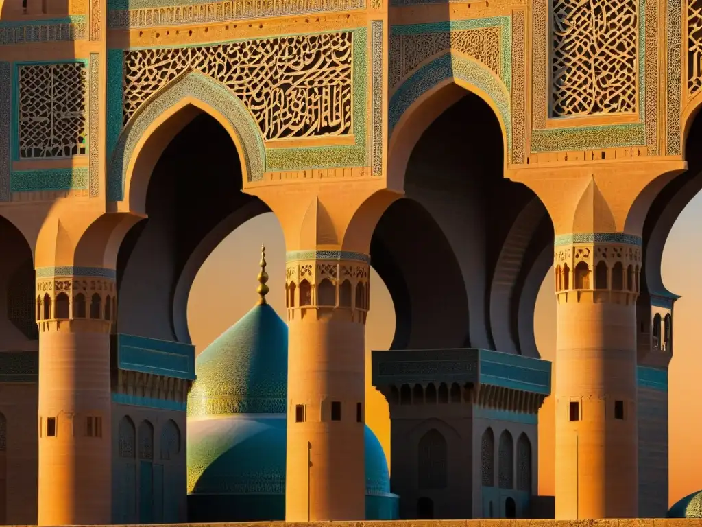 Vista detallada de la Gran Mezquita de Samarra al atardecer, mostrando la influencia de la Cultura islámica bajo dominio mongol en su arquitectura