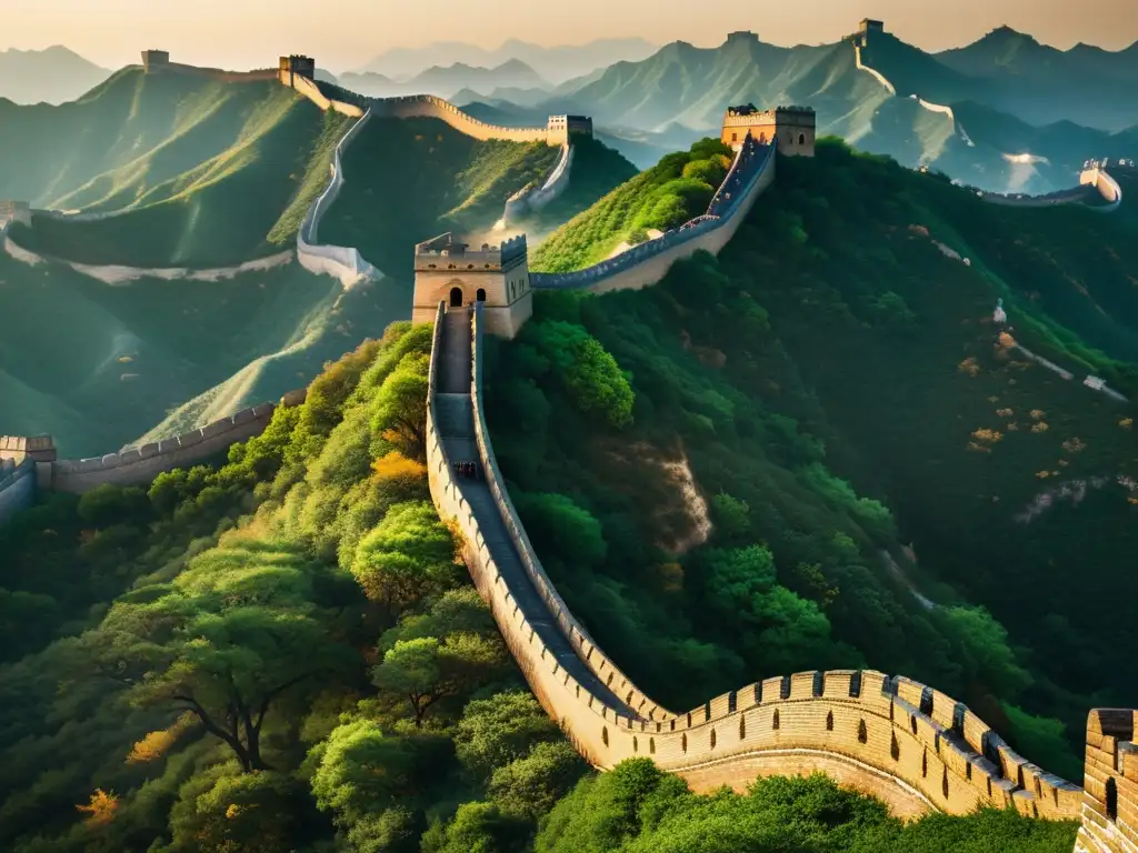 Una vista detallada en 8k de la Gran Muralla China, resaltando su ingeniería y diseño arquitectónico