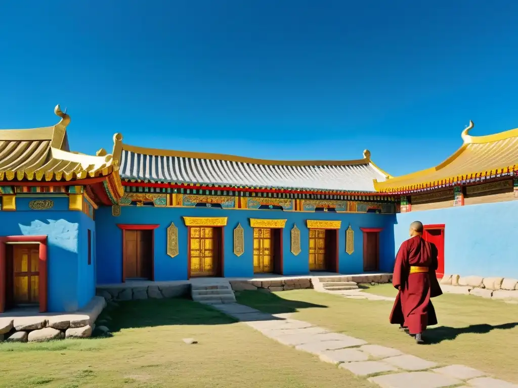 Vista detallada de la hermosa arquitectura del Monasterio Erdene Zuu en Mongolia, reflejando el legado cultural del Imperio Mongol